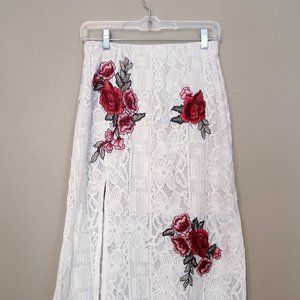 Boho Lace Floral Rose Patch Maxi Slit Skirt